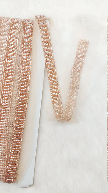Beige Net Bridal Trim Rose Gold Beaded Embroidery, Hand Embroidered Bead Lace, Trim By 9 Yards